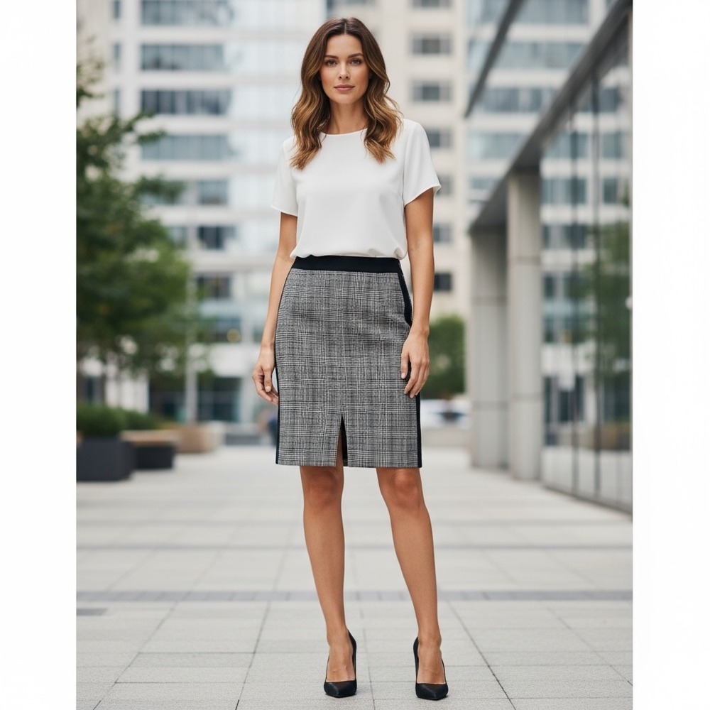 J. Crew‎ Womens Plaid Pencil Skirt Wool Silk Blend Career Black Gray Size 6